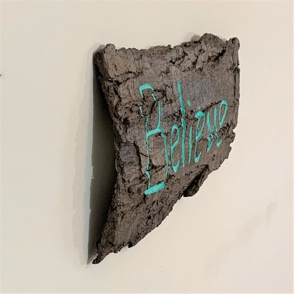 Believe Sign, Tree Bark Carving, Turquoise Home Decor, Wall Sign, Sustainable - Picture 7 of 9
